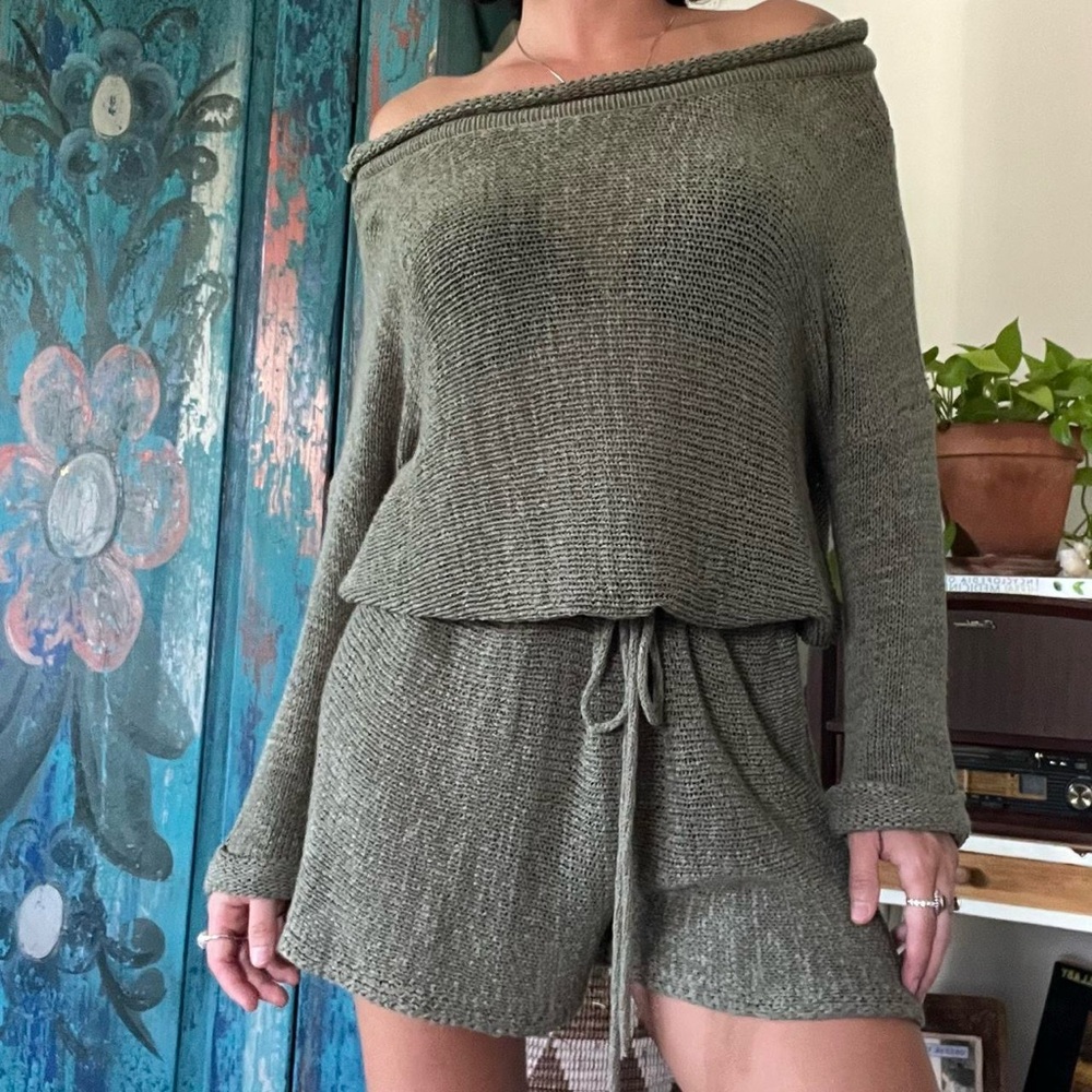Xenia Boutique Olive Knit Off-Shoulder Romper